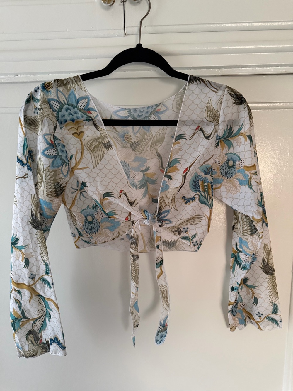 Floral Tie-Front Crop Top in White and Blue